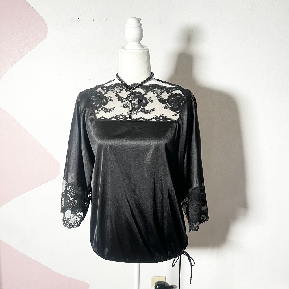 Vintage 90s Black Lace Top Small Satin Gothic Grunge Whimsigoth